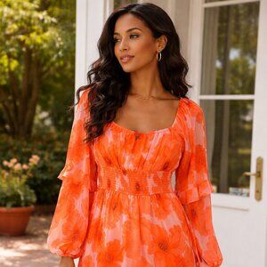 Anthropologie Hutch Long Sleeve Orange & Pink Floral Flounce Dress  NWOT Large